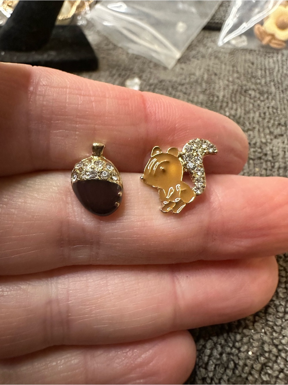 Gold-Tone Squirrel and Acorn Stud Earrings in Gold and Brown